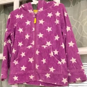 Mini Boden size 4-5T terry cloth zip-up hooded sweatshirt purple w/ stars yellow